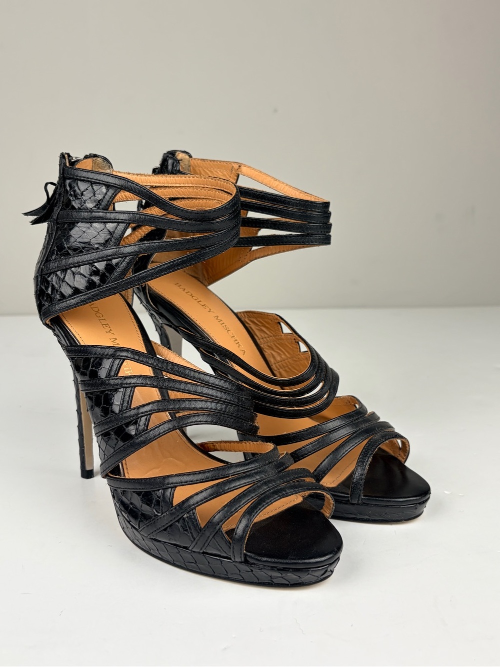 Badgley‎ Mischka Black Snakeskin Embossed Leather Strappy Heels Size 7M